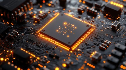 Illuminated CPU on Circuit Board Close-Up