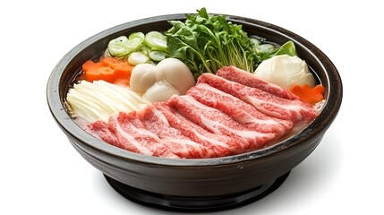 Fototapeta premium Delicious japanese hot pot dish featuring fresh ingredients white background food photography gourmet experience