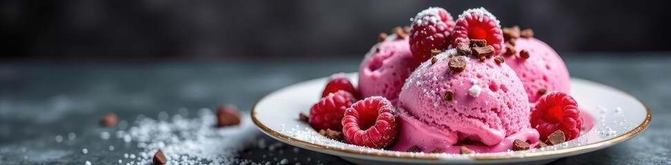 Plate of fresh raspberry ice cream topped with snowflakes and chocolate shavings, ice cream, cold