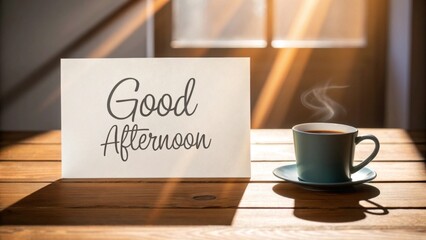 A handwritten 'Good Afternoon' message with a cup of tea or coffee beside it, on a cozy wooden table with sunlight filtering through the window