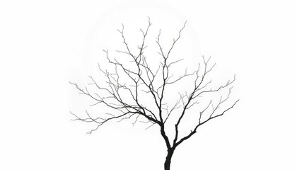 Fototapeta premium Single deciduous tree, stark branches against bright white, backdrop, silhouette
