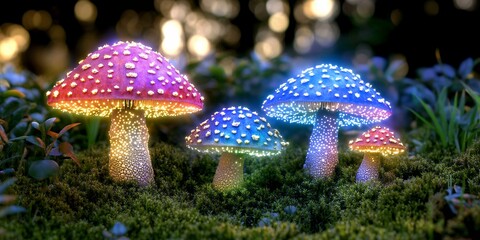 Glowing Mushrooms in Enchanted Forest Night Scene Fantasy Illustration