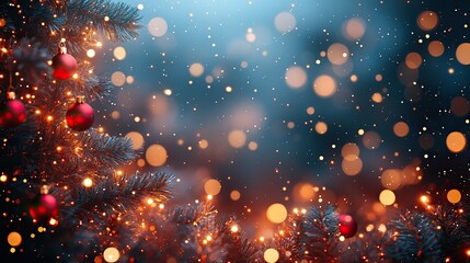 Trendy yellow gold bokeh festive glitter dark background with copy space, Christmas lights pattern.