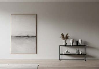 Minimalist Living Room Interior with Grayscale Artwork and Sculptures