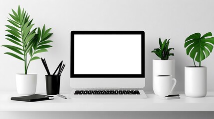 Computer and plants decorating a white desk on a clean background