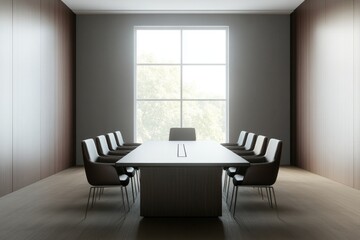 Fototapeta premium elegant modern office space with sleek conference table chairs arranged symmetrically and large window letting in natural
