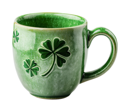 Celebrate St. Patrick's Day with a decorative green mug featuring shamrock designs for festive occasions and gatherings, cut out