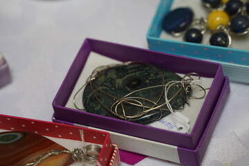 Jewelry made of natural stones and minerals. Craft fair.