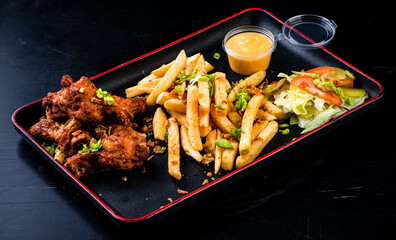 American fast food - chicken wings, French fries and salad with sauce