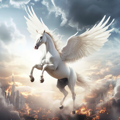 A breathtaking digital artwork of a white Pegasus with powerful wings soaring above a burning city. The dramatic lighting, mystical atmosphere