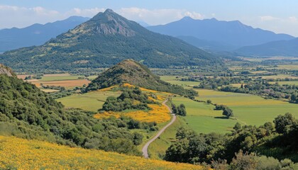 Panoramic Valley Landscape with Winding Road and Yellow Flowers