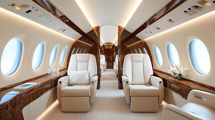Obraz premium A luxurious private jet interior with soft lighting and premium leather seats, ultimate comfort, luxury travel, business elite