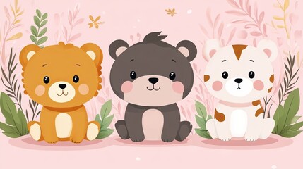 Naklejka premium Two blank cards on pink with cute cartoon animals, baby scrapbook template.