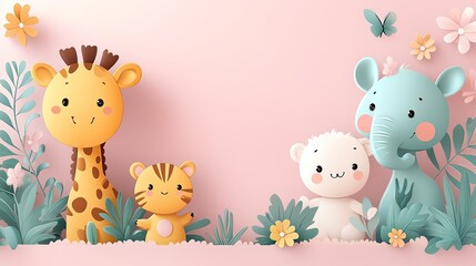 Naklejka premium Two blank cards on pink with cute cartoon animals, baby scrapbook template.