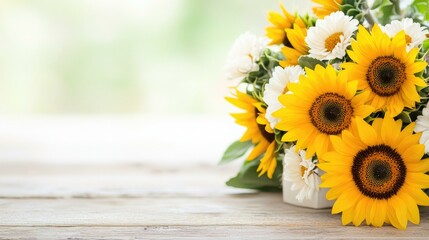 A vibrant bouquet of sunflowers and white daisies beautifully arranged in a rustic jar, capturing the essence of summer and joy in a bright and cheerful setting.