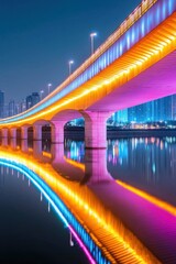 Fototapeta premium A panoramic night shot of a neon lit bridge reflecting on a calm river, urban architecture, scenic beauty, night photography