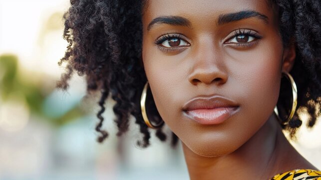 A powerful close up of a woman looking directly into the camera, strong gaze, confidence, human depth, authenticity