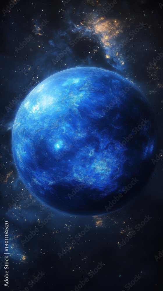 Wall mural neptune blue planet in dark space. star field with shiny lights around it. distant and beautiful pla