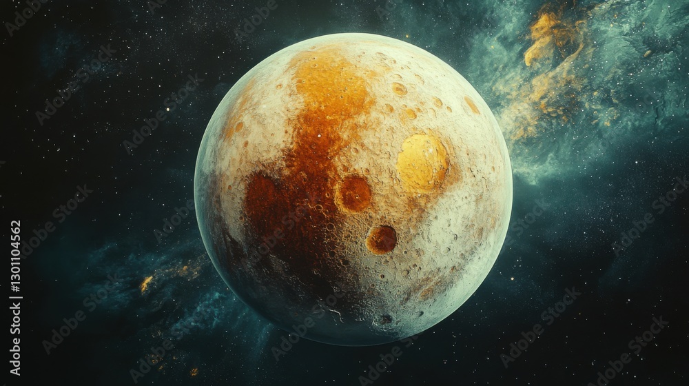 Wall mural pluto planet in space. round celestial body with craters. dark sky background with stars. galaxy and
