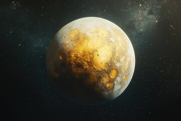 Obraz premium Pluto Planet in space. Distant world. Round planet with craters. Star background. Deep space scene. Sphere with texture. Surface of a planet. Universe exploration.