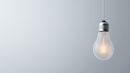 lone lightbulb hangs from simple wire against muted grey backdrop ample copy space surrounds bulb inviting viewer to