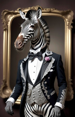 Antropomorfismo, zebra, retrato, arte, hombre zebra elegante
