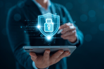 Cyber ​​network security and data protection on the internet, businessman using security...