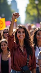 Fototapeta premium Accelerate action. Stay strong. Woman is holding her fist up in the air while surrounded by a crowd of people. Concept of unity and solidarity among the group