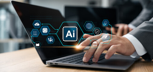 AI technology, artificial intelligence in work to help maximize efficiency, businessman uses AI technology to help analyze big data and use it in human daily life, future technology.