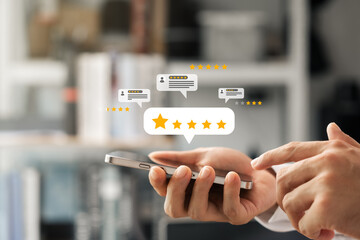 Customer satisfaction survey via online application, consumers give five-star feedback on product...
