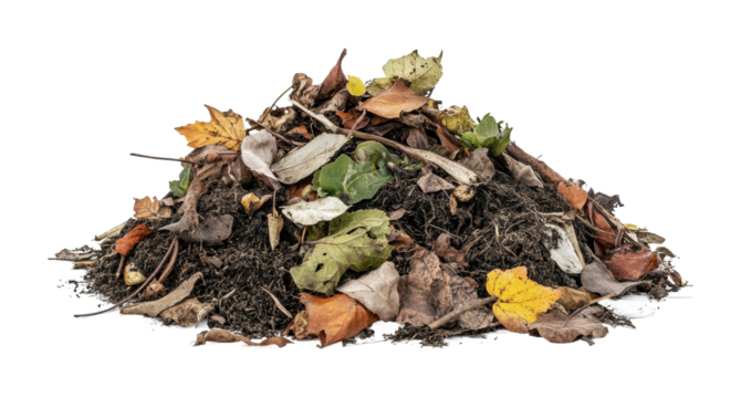 Autumn compost pile filled with colorful leaves and organic materials for gardening and plant nourishment in fall season, cut out