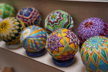 Temari. Traditional Japanese souvenir balls. Craft fair.
