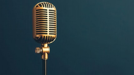 Fototapeta premium Golden sound waves radiating from a retro microphone, symbolizing timeless podcasting content