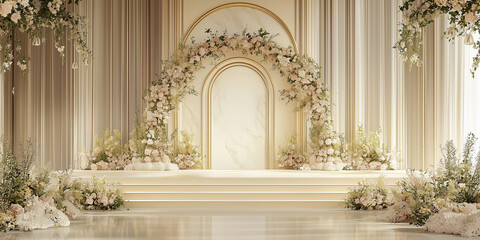 Elegant minimalist wedding stage design with floral arrangements and soft pastel colors for modern celebrations and events
