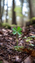 A single shamrock in a dense forest, standing out among the greenery, symbolizing luck and uniqueness.
