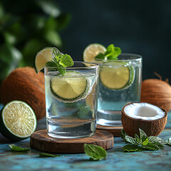Refreshing Coconut Lime Sparkling Drinks on a Rustic Table