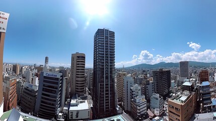 Panoramic cityscape view of a bustling Japanese city center on a sunny day