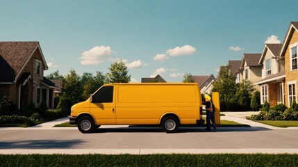 Obraz premium Cleaning service van in residential neighborhood daylight realistic viewpoint home environment