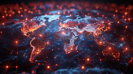 Global Digital Network Connectivity with Futuristic World Map