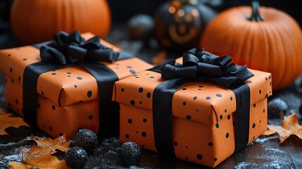 Two Halloween presents wrapped in orange paper with black ribbons are surrounded by pumpkins and spooky decorations on a dark background.