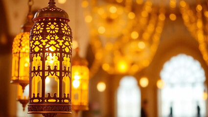 Golden Ramadan Lanterns with Warm Bokeh Lights – Islamic Festive Decor. Generative AI	
