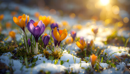 Spring flowers in the grass, Vibrant Crocuses Blooming Over Snow With Soft Background