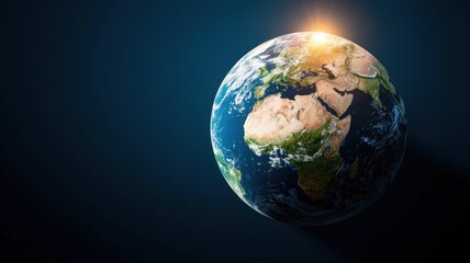 Vibrant view of Earth from space with sunlight illuminating the continent on the Earth, dark background