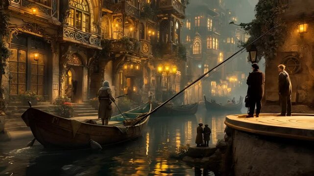 Warm lights illuminate elegant buildings along a canal where a mysterious fisherman navigates a small boat, observed by onlookers from a nearby dock in a dreamlike venetian city at night