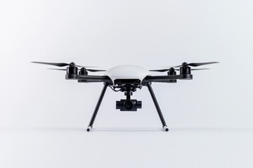 solitary drone with advanced propellers and camera system positioned on pristine white background