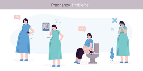 Set of various pregnant women suffering from morning sickness, nausea, constipation and high blood pressure. Pregnant girl got dizziness, back pain.