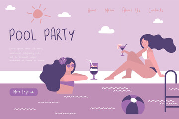 Women relax and talking in pool. Ladies in bikini rest with cocktails. Summer time, holiday swimming pool party, landing page template.