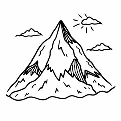 Hand Drawn Mountain Peak with Sun and Clouds in Black and White Vector Illustration
