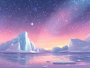 Fototapeta premium magical Arctic landscape featuring massive icebergs, serene lake, and starry sky at dusk. vibrant colors create tranquil and enchanting atmosphere