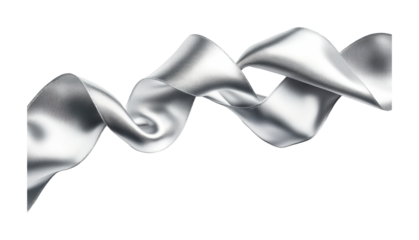 Elegant silver ribbon flowing in graceful twists for festive decorations and crafting purposes, cut out